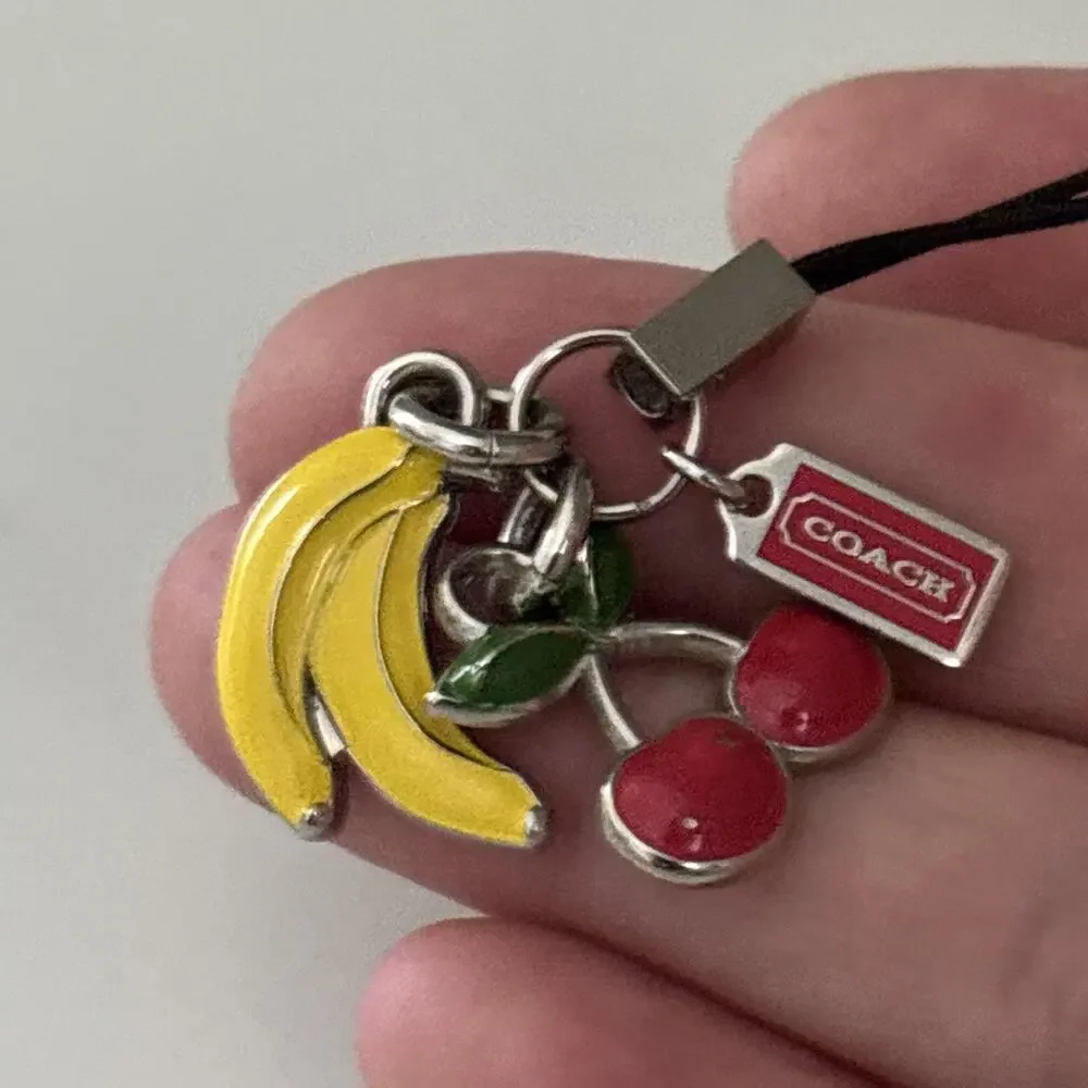 Coach Enamel Cherry & Bananas vintage Y2K phone Charm Silver Tone 3” Long